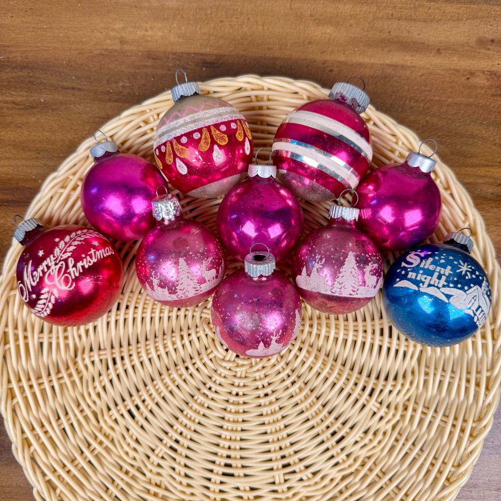Vintage Glass Christmas Ornaments Lot 10 Shiny Brite Mixed Makers Pink Blue MCM